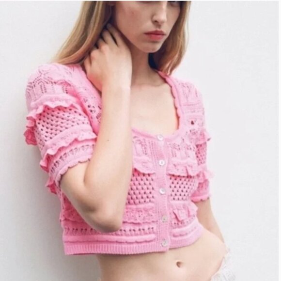 NEW ZARA Pink Cotton Knit Crochet Crop Top: Cottagecore Cardigan - Picture 2 of 16